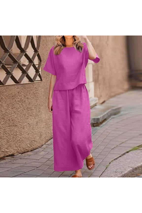 Womens Sets Clearance Sale Two Piece Sets for Women Dressy Outfits Casual Short Sleeve Tops Wide Leg Pants Going Out Sets Cotton Linen Tracksuit Spring Two Piece Sets for Women 2024