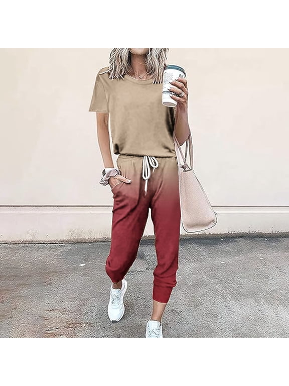 Womens Sets Clearance Sale Workout Sets for Women 2 Piece Short Sleeve Tops Drawstring Long Pants Jogger Tracksuit Summer Casual Sports Set Womens Travel Outfits