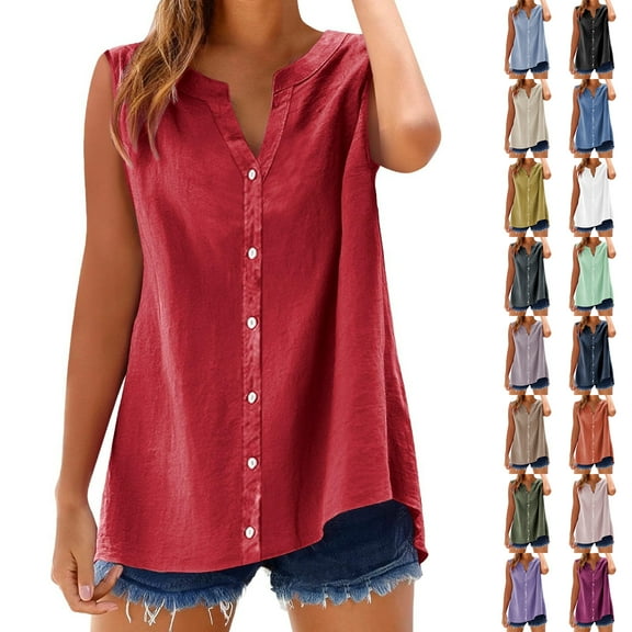 Baikeli Womens Sleeveless Button Down Shirts Cotton Linen Side Slit Tops Summer Casual Beach Blouses Liquidación Prime Today Blue S