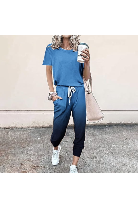 Womens Suits Casual Clearance Workout Sets for Women 2 Piece Short Sleeve Tops Drawstring Long Pants Jogger Tracksuit Summer Casual Sports Set Spring Two Piece Sets for Women 2024