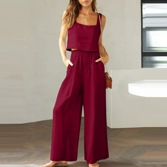 Baikeli Womens Summer Sets Clearance Workout Sets for Women 2 Piece Plus Size Suits Sleeveless Sling Strap Tops Wide Leg Pants Solid Color Outfits 2 Piece Pant Sets for Women