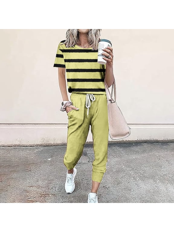 Womens Summer Sets Trendy Two Piece Outfits for Women 2024 Summer Suits Striped Tops Drawstring Waist Pants Jogger Sets With Pockets 2 Piece Travel Outfits for Women