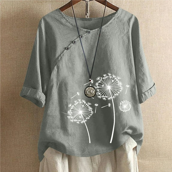 Baikeli Womens T Shirts Clearance Women's 3/4 Length Sleeve Tops 2024 Summer Daily Pullover Casual Dandelion Print T-Shirts Loose V Neck Blouses V Neck T Shirts for Women