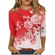 Baikeli Womens Tops Casual Clearance Women's Fashion Three Quarter Sleeve Retro Round Neck Easter Printed Loose Tops Blouse Vneck Tshirts Shirts for Women
