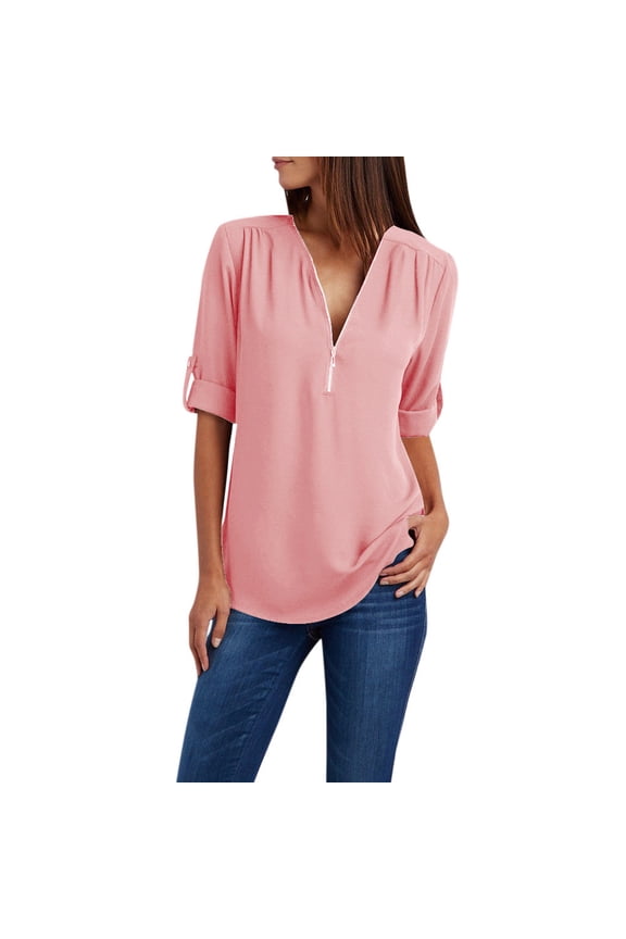 Womens Tops Loose Fit Womens Short Sleeve Tops Trendy Solid Color Tshirts Zip Up T-Shirt V-Neck Sexy Tee&nbsp;Shirts Casual Loose Tunic Blouse Camisetas Oversize Para Mujer
