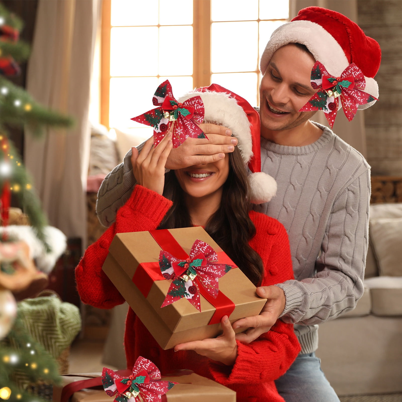 Baikk Christmas Bowknot Hanging Ornament Mini Bow with Bells