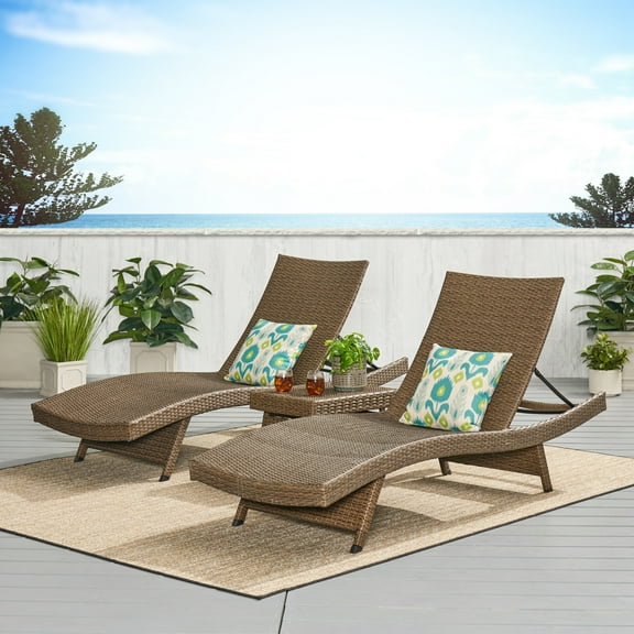 Bailee Outdoor 3 Piece Armless Wicker Chaise Lounge and Table Set, Mix Mocha