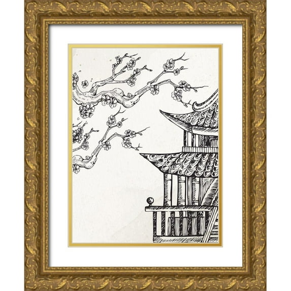 Bailey, Ann 19x24 Gold Ornate Wood Framed with Double Matting Museum Art Print Titled - Pagoda Cherry Blossom 2