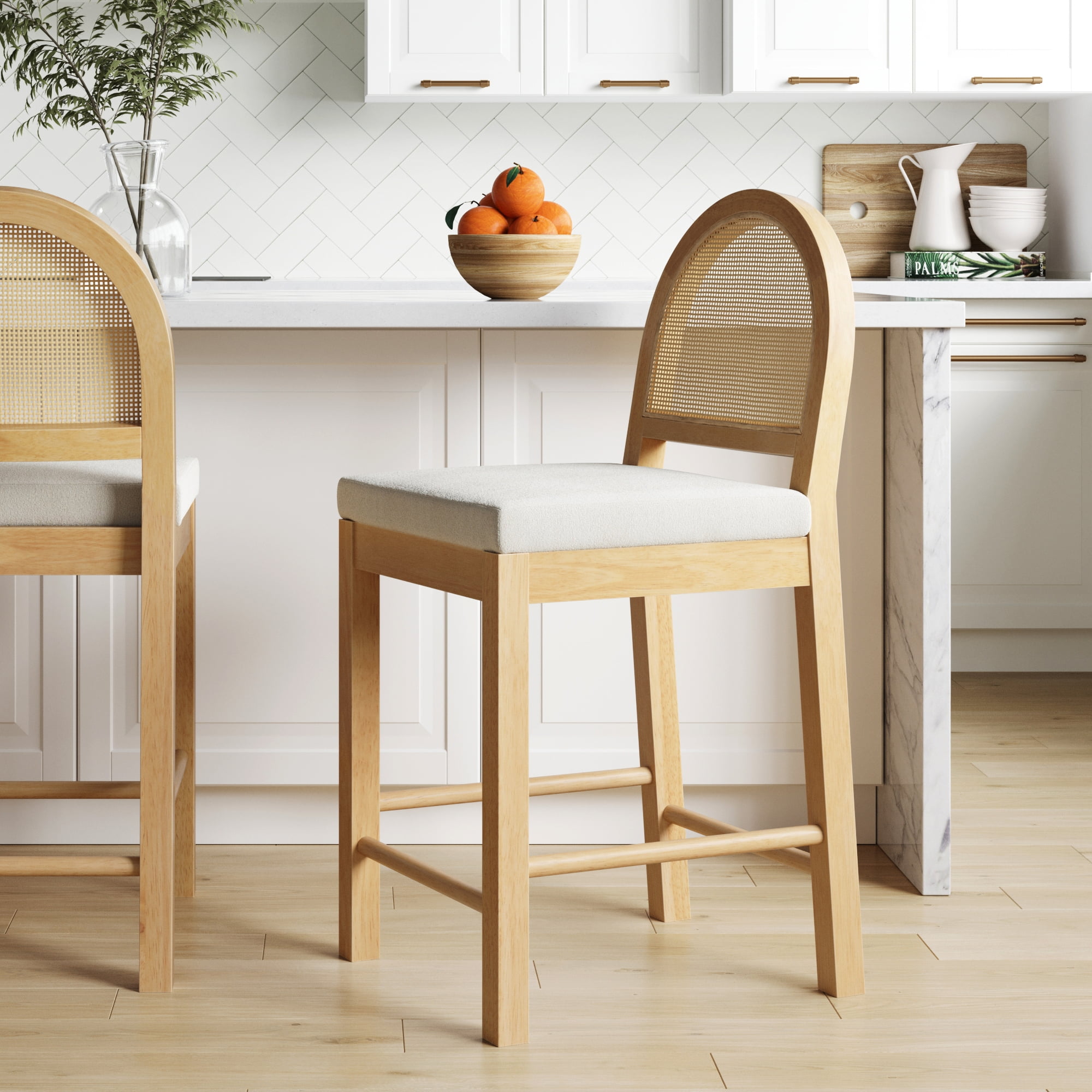Nathan James 23201 Bailey Upholstered Rattan Bar Stool Oak Finish Counter Height