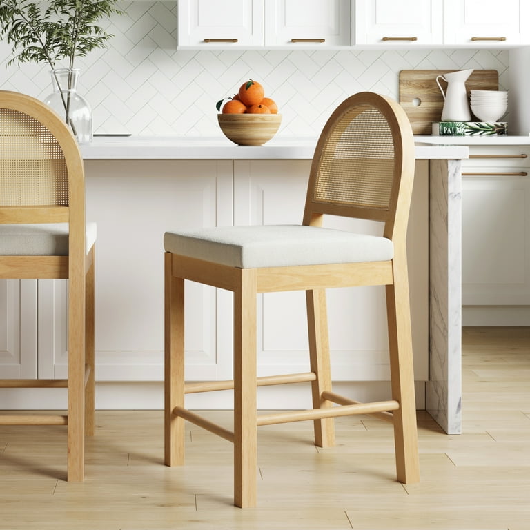Bailey Boucle Upholstered Rattan Bar Stool in Oak Finish Frame Counter Height Stool with Natural Rattan Woven Back For Kitchen Island Natural Brown Walmart