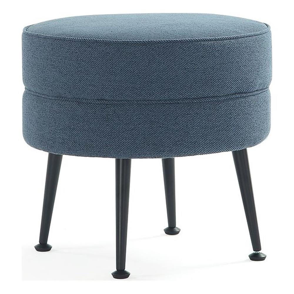 Bailey Blue Round Upholstered Ottoman with Black Stainless Steel Legs