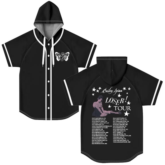 Bailey Spinn Loser Tour 2025 Hooded Baseball Jersey Casual Button-up Shirt Hip Hop Baseball Uniform