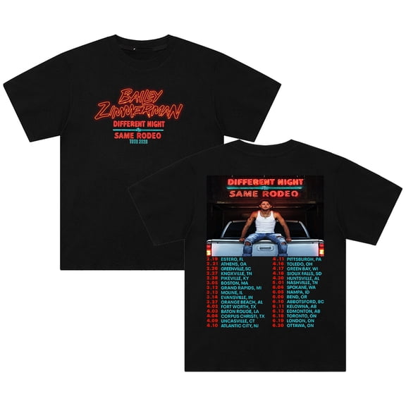 Bailey Zimmerman Different Night Same Rodeo Tour 2026 T-shirt Short Sleeve Streetwear Women Men Cotton Tee