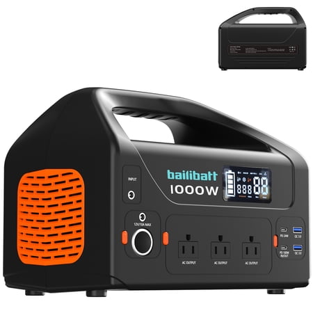 Bailibatt 808Wh Portable Power Station, 1000W Pure Sine Wave AC, PD 100W USB‑C, DC Car Port, Solar Charging for Camping and Home Backup