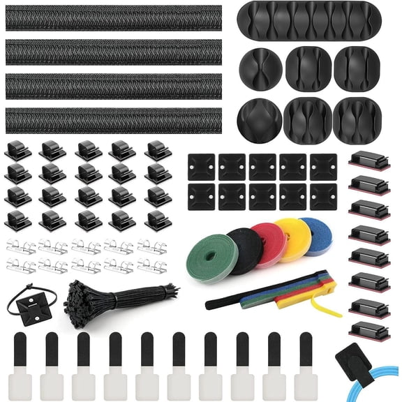 Bailink 204PCS Cable Management Kit,4 Cable Sleeve 38 Cable Clips with 7 Cord Holders, 30+5Roll Cable Organizer Straps and 100 Fastening Cable Ties,20 Cable Zip Tie Mounts for Computer TV Under Desk