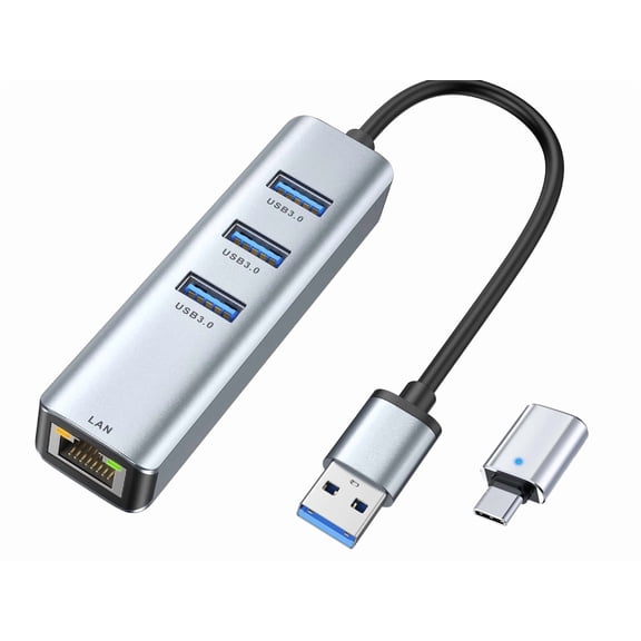 Bailink Aluminum USB 3.0 to Ethernet Adapter, 3-Port USB 3.0 Hub with RJ45 10/100/1000 Gigabit Ethernet Adapter with USB C, Universal docking Station For Windows 10,8.1,Mac, Surface Pro,Linux