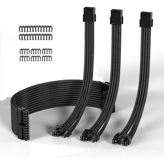 Bailink PSU Cable Extension ATX Sleeved Custom Mod GPU PC Power Supply Soft Nylon Braided with Comb Kit 24PIN/8PIN to 6+2Pin/ 8PIN to 4+4PIN-30CM 300MM - Black