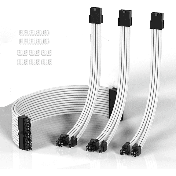 Bailink PSU Cable Extension ATX Sleeved Custom Mod GPU PC Power Supply Soft Nylon Braided with Comb Kit 24PIN/8PIN to 6+2Pin/ 8PIN to 4+4PIN-30CM 300MM - White