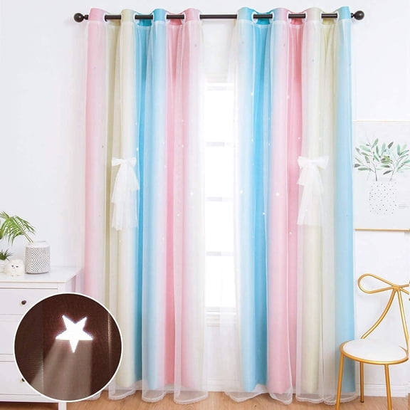 Bailu 1 Panels Stars Blackout Curtains for Bedroom Girls Kids Baby Window Curtain Double Layer Star Cut Out Aesthetic Living Room Decor Wall Home Decorations Curtain,W52 x L72 Inches,Blue & PinK