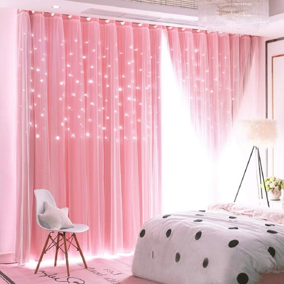 Bailu 1 Panels Stars Blackout Curtains for Bedroom Girls Kids Baby Window Curtain Double Layer Star Cut Out Aesthetic Living Room Decor Wall Home Decorations Curtain,W52 x L60 Inches,Pink