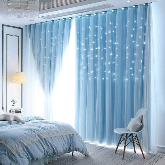 Bailu 2 Panels Stars Blackout Curtains for Bedroom Girls Kids Baby Window Curtain Double Layer Star Cut Out Aesthetic Living Room Decor Wall Home Decorations Curtain,W52 x L72 Inches,Blue