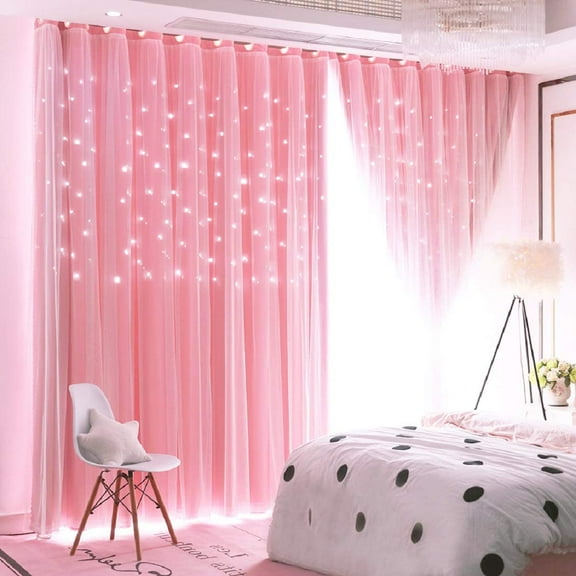 Bailu 2 Panels Stars Blackout Curtains for Bedroom Girls Kids Baby Window Curtain Double Layer Star Cut Out Aesthetic Living Room Decor Wall Home Decorations Curtain,W60 x L106 Inches,Pink