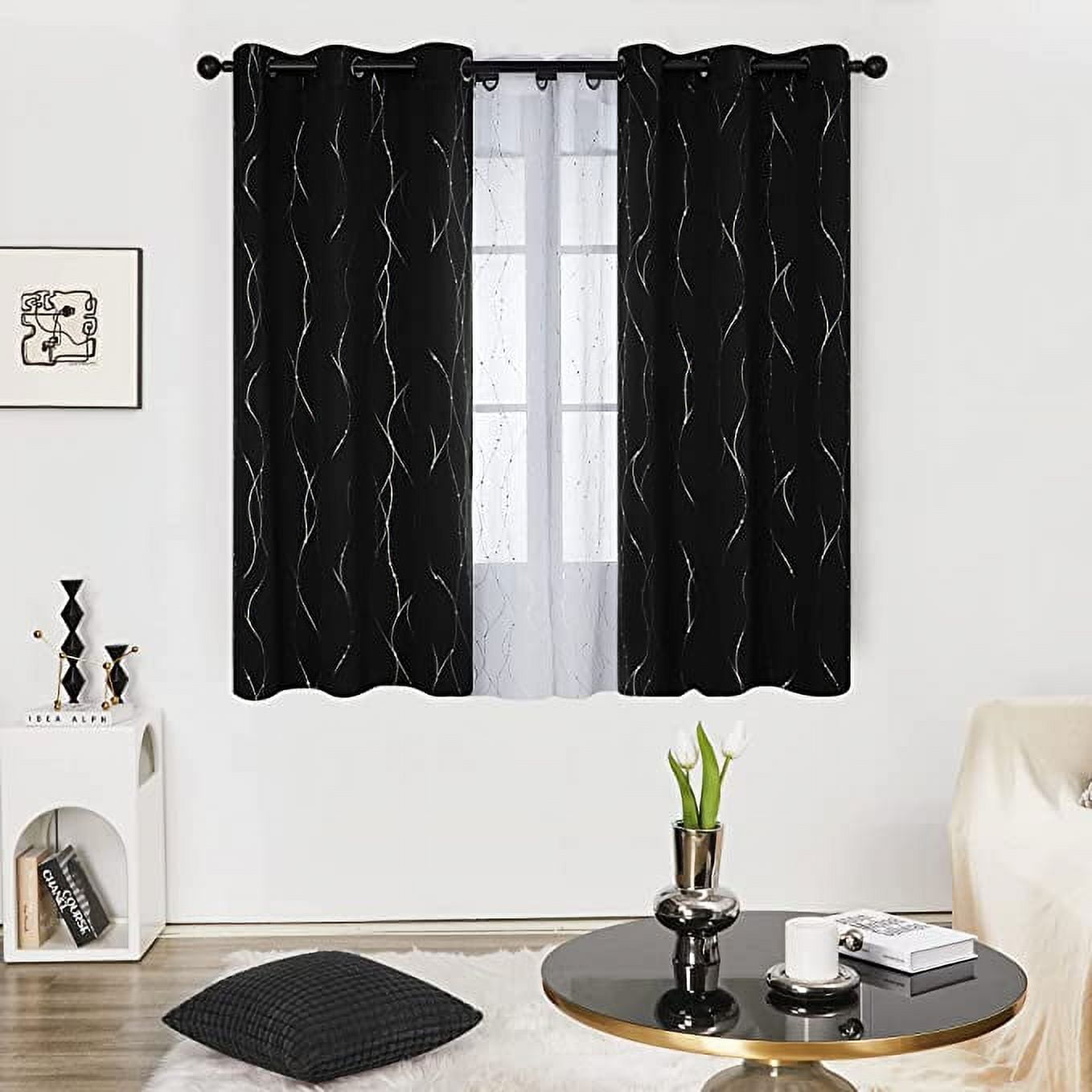 Bailu Blackout Black Curtains for Living Room, 63 Inch Long - Grommet Window Curtains with Wave Line with Dots Pattern (52 x 63 Inch, Black, 1 Panels)