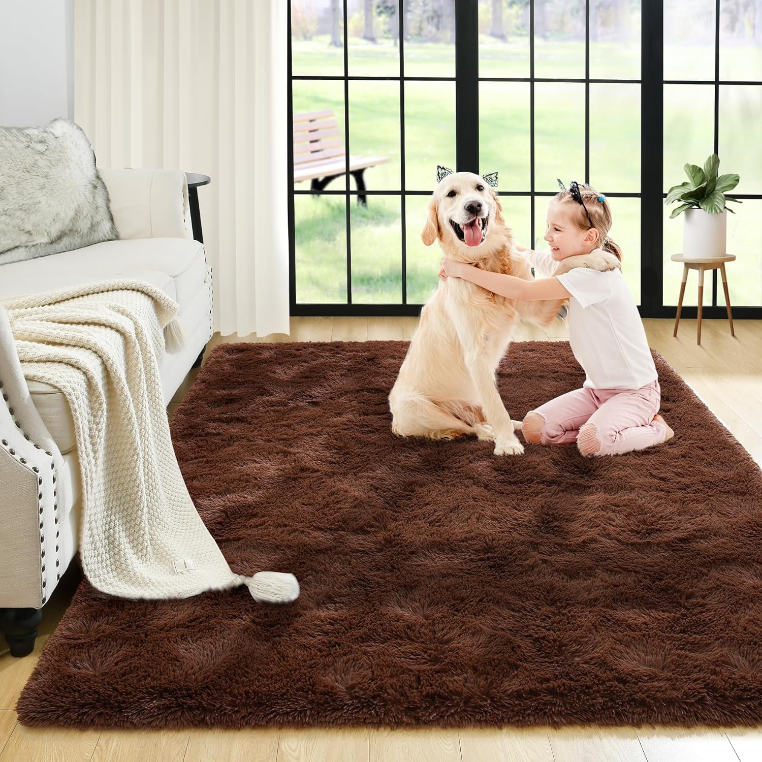 Bailu Fluffy Brown Rug for Living Room,4x6 Area Rugs,Thick Plush Shag ...