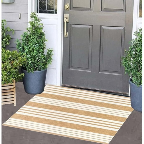 Bailu Khaki and White Striped Outdoor Rug, 2' x 2.91', Durable Material Versatile Use