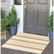 Bailu Khaki and White Striped Outdoor Rug, 2 x 2.91, Durable Material Versatile Use