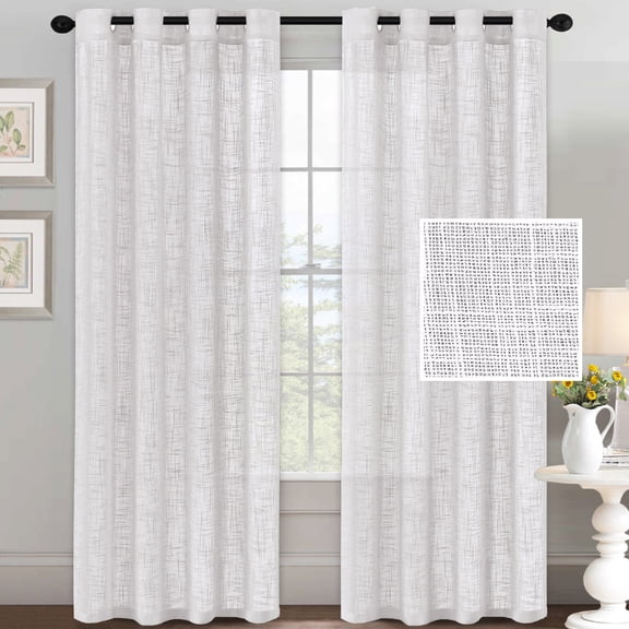 Bailu Linen Textured Semi Sheer Curtains for Bedroom 63 Inch Length Draperies Curtains Bronze Grommet (52''W x 63''L, 2 Panels,White)