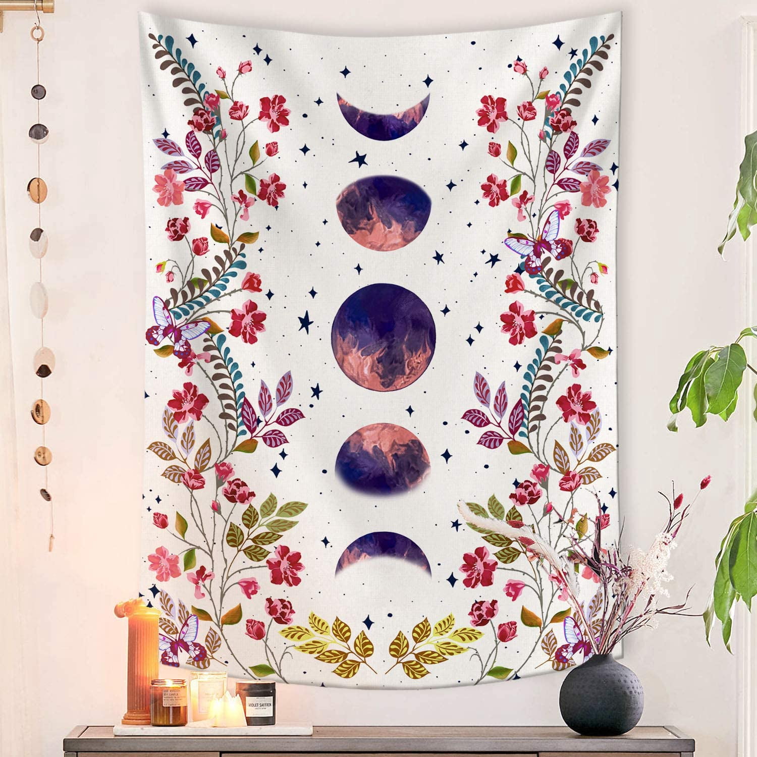 Bailu Moonlit Garden Tapestry, Moon Phase Surrounded by Vines and ...