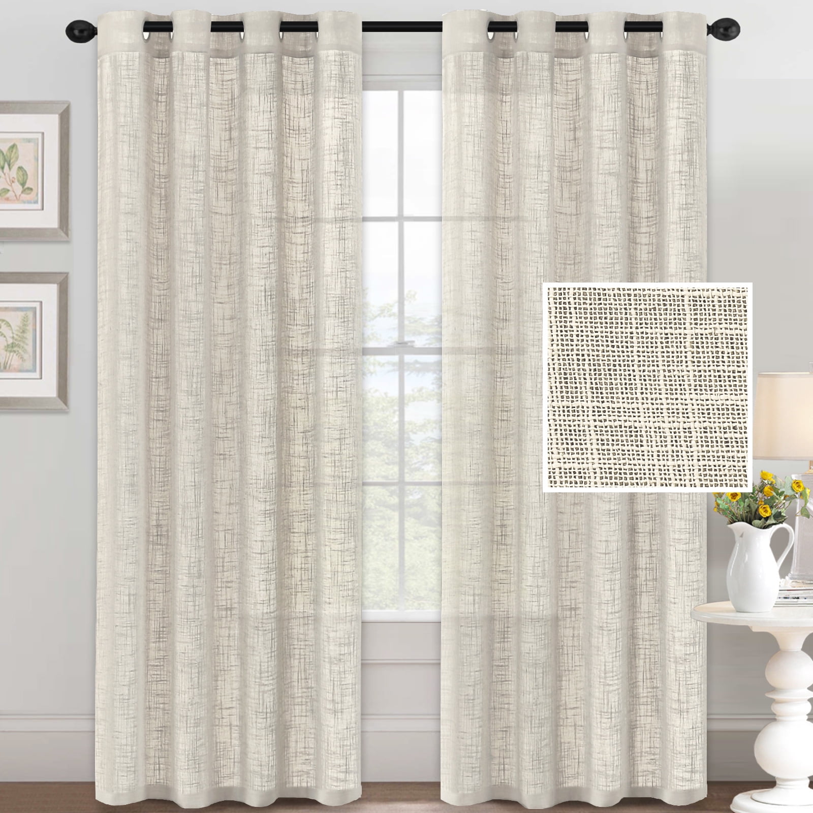 Bailu Natural Linen Semi Sheer Curtains for Bedroom 63 Inch Length Light Filtering Draperies Bronze Grommet Set of 2 Panels (52''W x 63''L, Natural)
