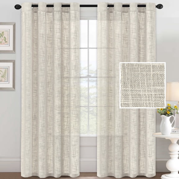 Bailu Natural Linen Semi Sheer Curtains for Bedroom 63 Inch Length Light Filtering Draperies Bronze Grommet Set of 2 Panels (52''W x 63''L, Natural)