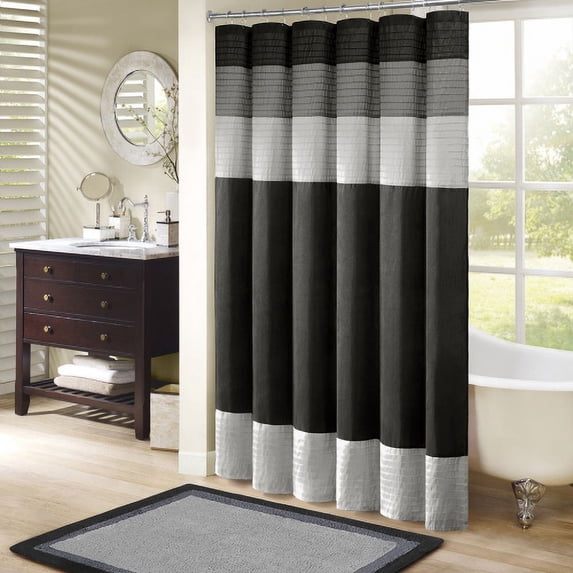 Bailu Shower Curtain Patchwork and stitching details outline the sophisticated texture and color blocking style , Black
