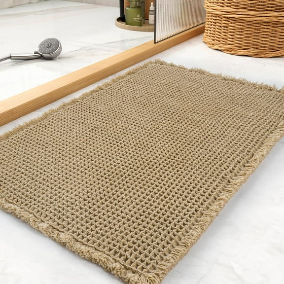Bailu Waffle Bath Mat Rug, Super Absorbent Non-Slip Bath Mat, Bathroom Rug for Bathroom Floor Next to Tub, 16" x 32", Khaki