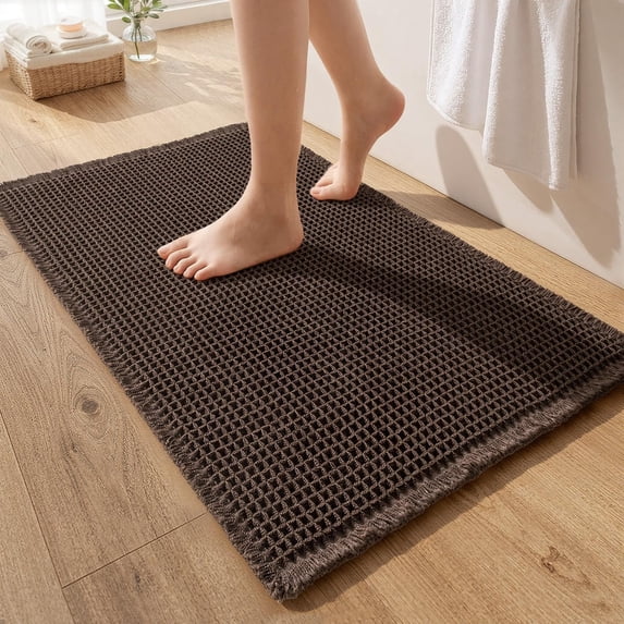 Bailu Waffle Bath Mat Rug, Super Absorbent Non-Slip Bath Mat, Bathroom Rug for Bathroom Floor Next to Tub, 17" x 24", Brown