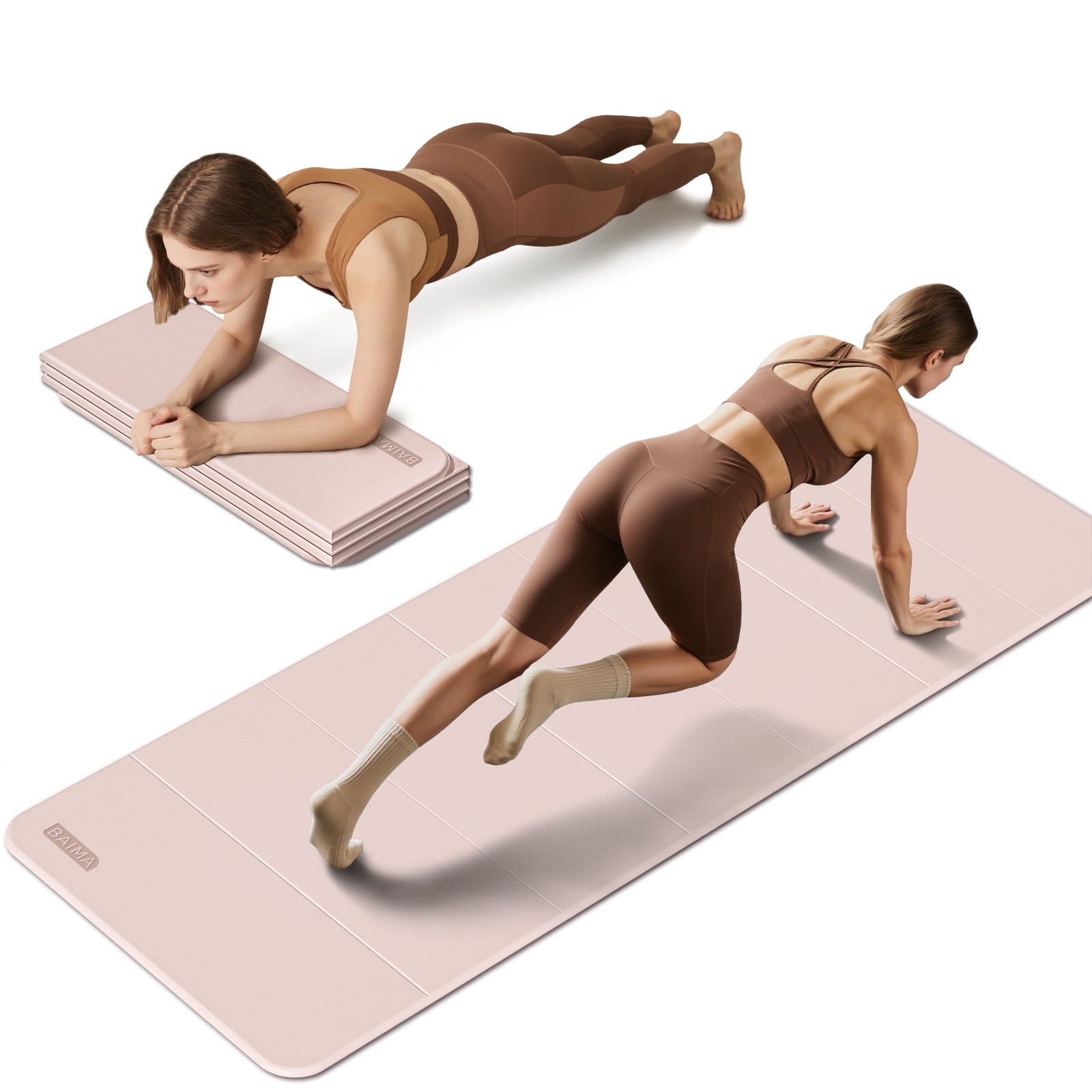 BAIMA Foldable Yoga Mat 10mm Thick , Workout Mats for Home Gym , Pilates,Quick Unfold/Stor,Non-Slip Surface,3.5lbs(Apricot)