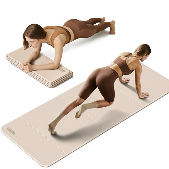 BAIMA Foldable Yoga Mat 10mm Thick , Workout Mats for Home Gym , Pilates,Quick Unfold/Stor,Non-Slip Surface,3.5lbs(Beige)