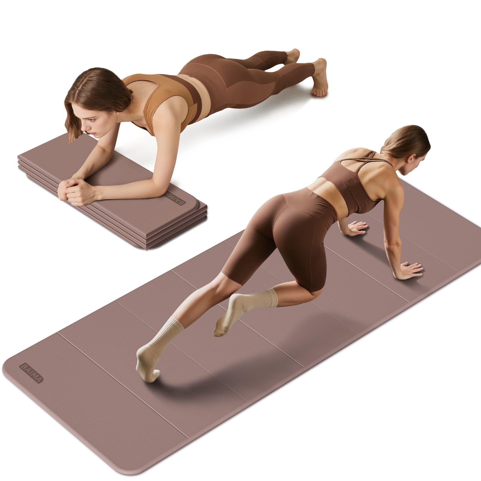 BAIMA Foldable Yoga Mat 10mm Thick , Workout Mats for Home Gym , Pilates,Quick Unfold/Stor,Non-Slip Surface,3.5lbs(Brown)