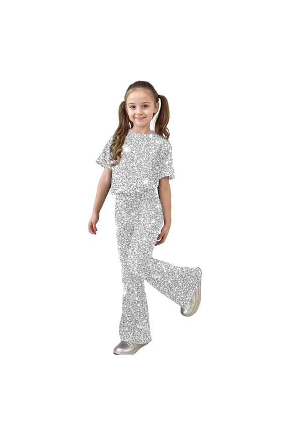 2 Pieces Outfit Set For Girls Stylish Outfits Short Sleeve Top And Long Pants With Sequin Print Everyday Wear Teen Girls Youth Soft Casual Tops And Pants Set White Size 7-8 Years