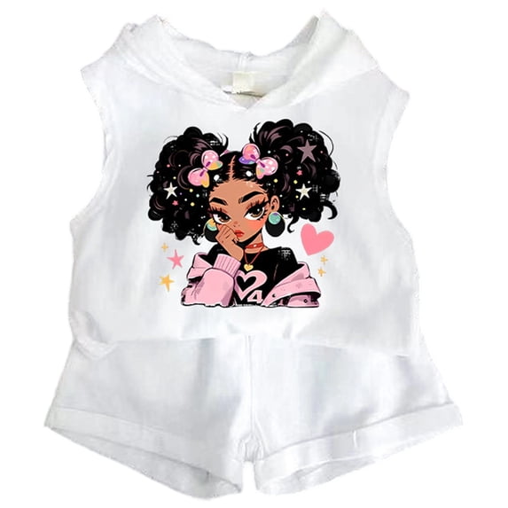 Bainana 2 Pieces Outfit Set For Girls Toddler Cartoon Print Sleeveless Hoodie Tops And Shorts Set Lightweight Breathable Infant Girls Summer School Play Party Outfits Size 5-6 Years White1