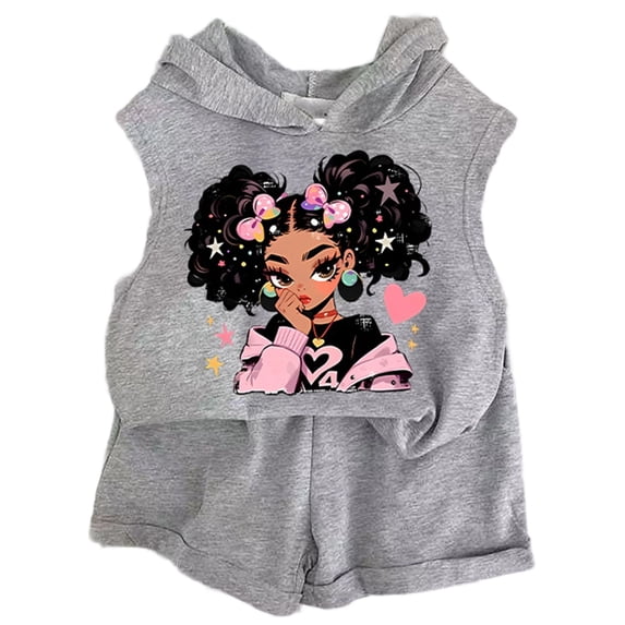 Bainana 2 Pieces Outfit Set For Girls Toddler Cartoon Print Sleeveless Hoodie Tops And Shorts Set Lightweight Breathable Infant Girls Summer School Play Party Outfits Size 18-24 Months Grey1