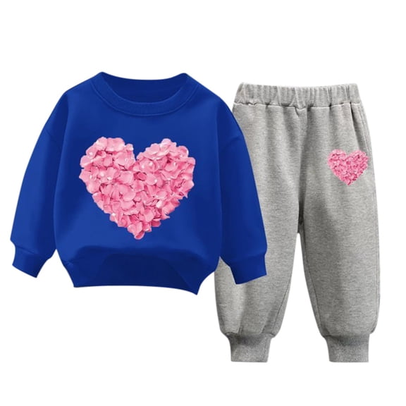 Bainana 2 Pieces Outfit Set For Girls Toddler Heart Print Long Sleeve Sweatshirt Elastic Waist Taper Leg Sweatpants Fashion Kids Valentine'S Clothes Set Blue Size 2-3 Years