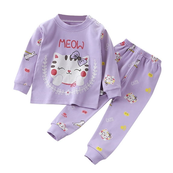 Bainana 2 Pieces Outfit Set For Little Boys Girls Animals Print Long Sleeve Crew Neck Homewear Breathable Loose Spring Autumn Kids Sleepwear Set Purple Size 6-7 Years