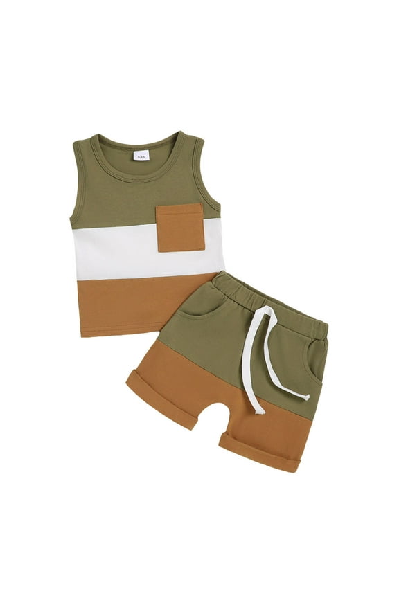 2 Pieces Summer Outfit Set For Boys Girls Color Block Sleeveless Crew Neck Tank Tops And Shorts Set Leisure Handsome Baby Kids Play Street Wear Size 6-12 Months