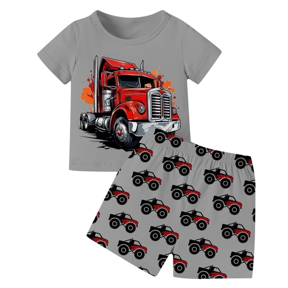 Bainana 2 Pieces Summer Outfit Set For Toddler Boys Cartoon Car Print Short Sleeve Crew Neck Tops And Shorts Set Comfortable Fashion Little Boys School Playwear Size 2-3 Years