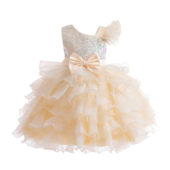 Bainana 7-8 Years Girls Princess Dress Child Sequin Print Sleeveless Off The Shoulder Dresses Elegant Beauty Girls Performance Multi Layer Tulle Dress Beige