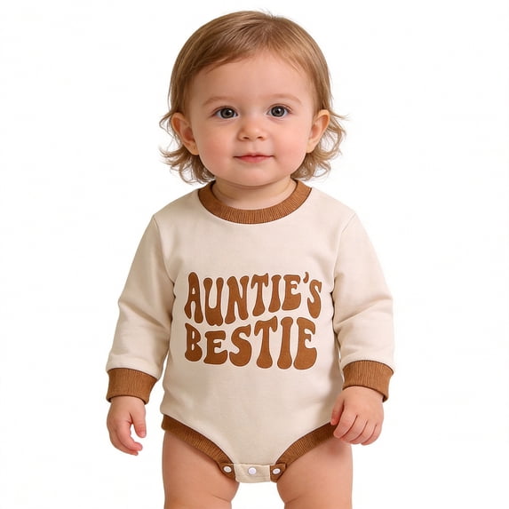 Bainana Baby Bodysuit Unisex Onesies Spring Summer Clothes Long Sleeve Crew Neck Auntie'S Bestie Romper For Everyday Wear Beige Size 12-18 Months