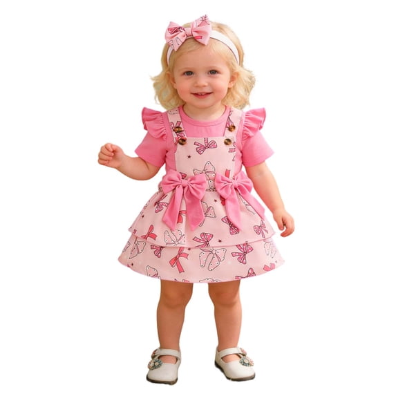 Bainana Baby Girls 2 Pieces Summer Outfits Solid Color Short Sleeve Crew Neck Romper And Bowknot Print Overalls Dress Set Stylish Soft Girls Casual Wear Hot Pink Size 9-12 Months